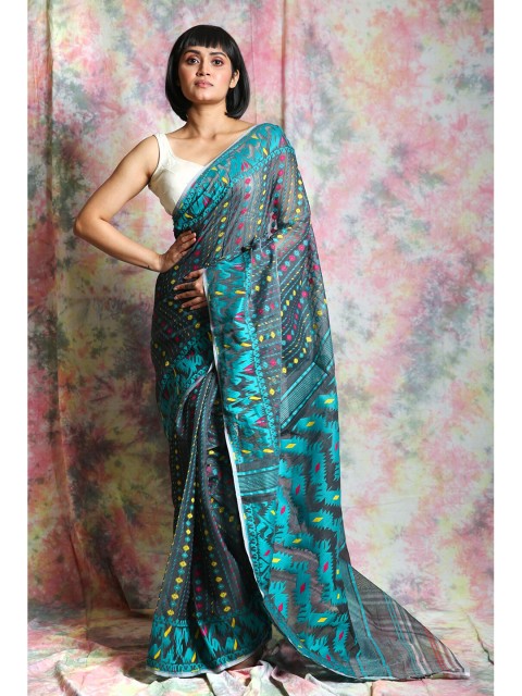

Charukriti Grey & Multi Color Abstract Woven Design Handloom Jamdani Saree