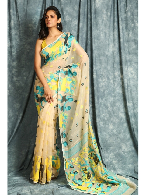 

Charukriti Beige & Green Woven Design Silk Cotton Jamdani Handloom Saree