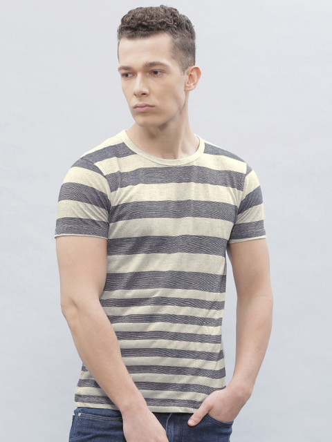 

ether Blue & Beige Striped Round Neck T-shirt