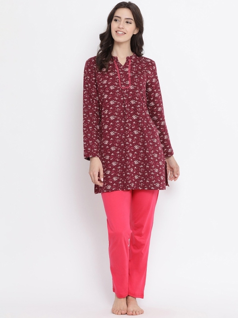

Kanvin Plus Size Women Maroon & Pink Printed Pure Cotton Night suit