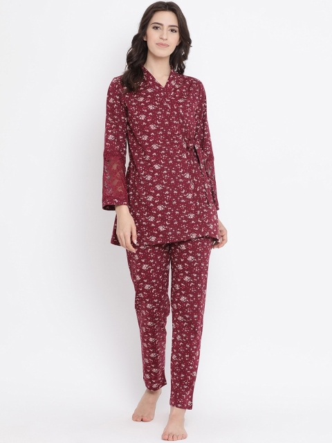 

Kanvin Women Maroon & Off White Printed Pure Cotton Night suit