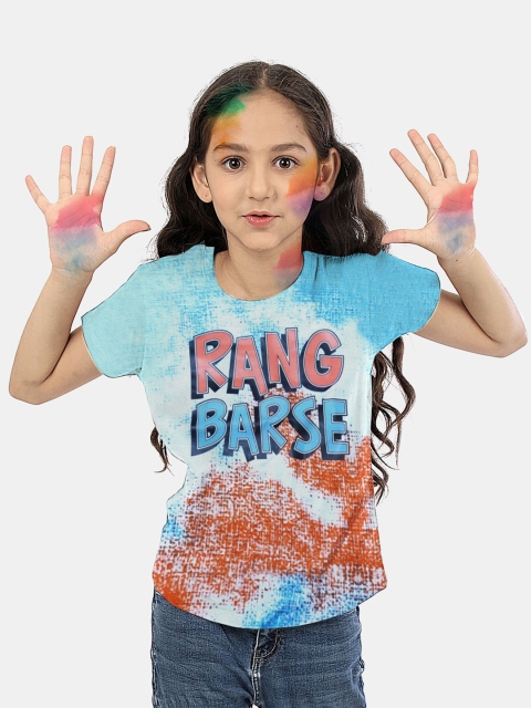 

BONKIDS Girls Blue & White Colourblocked Cotton T-shirt