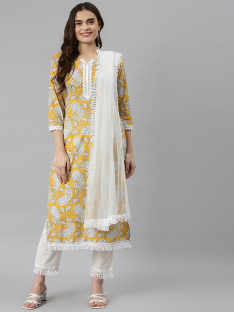 

Nirkhi Women Yellow & White Paisley Printed Pure Cotton Kurta with Trousers & With Dupatta
