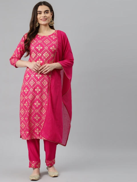 

Nirkhi Women Pink & Goldenac Ethnic Motifs Printed Kurta with Trousers & With Dupatta