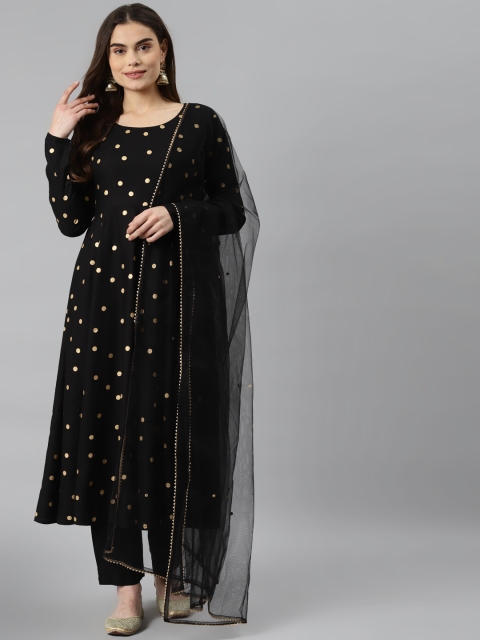 

Nirkhi Women Black & Golden Printed Panelled Kurta with Trousers & With Dupatta