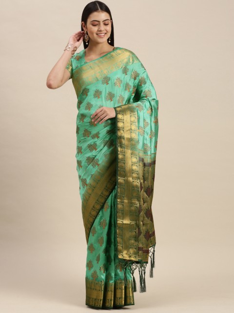

SWAGG INDIA Blue & Gold Floral Zari Brocade Banarasi Saree