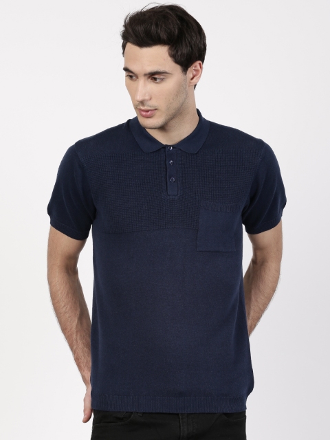 

ether Men Navy Cotton Linen Polo T-shirt, Navy blue