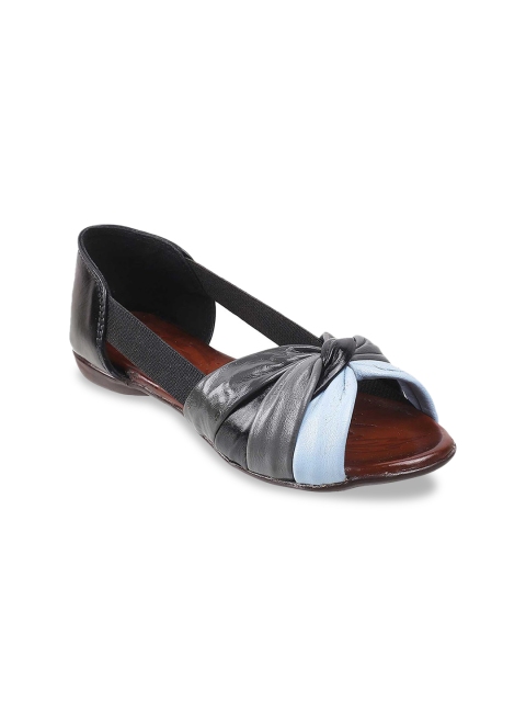 

Metro Women Black Leather Open Toe Flats With Bows