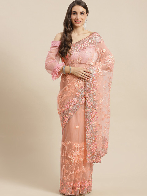 

Chhabra 555 Peach Floral Embroidered Stone Embellished Net Saree