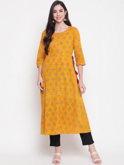 

GLAM ROOTS Women Mustard Yellow Ethnic Motifs Printed Mirror Work Floral Kurta