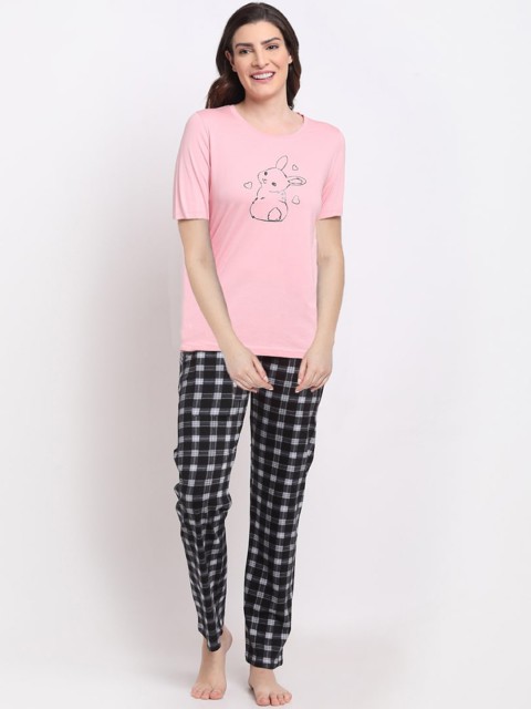 

Kanvin Women Pink & Black Printed Pure Cotton Night Suit