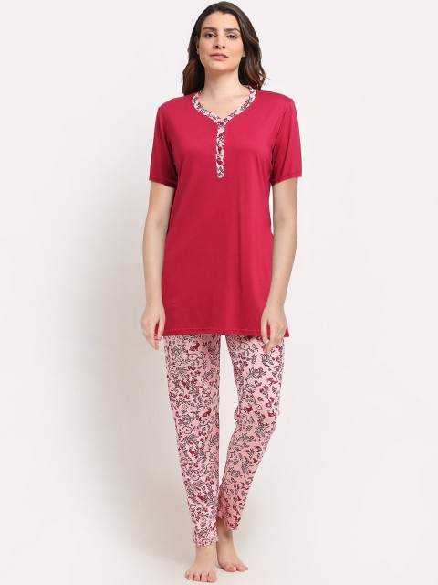 

Kanvin Women Pink & Red Pure Cotton Printed Night Suit