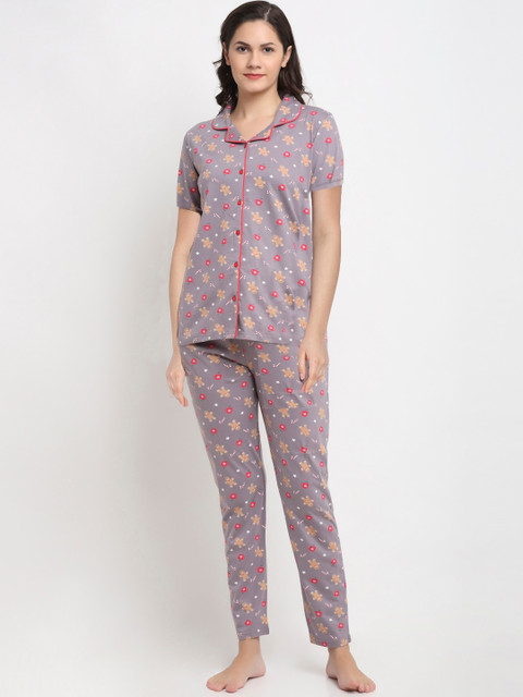 

Kanvin Women Grey & Red Printed Pure Cotton Night Suit