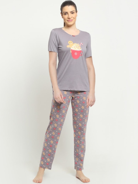 

Kanvin Women Grey & Red Graphic Printed Pure Cotton Night Suit