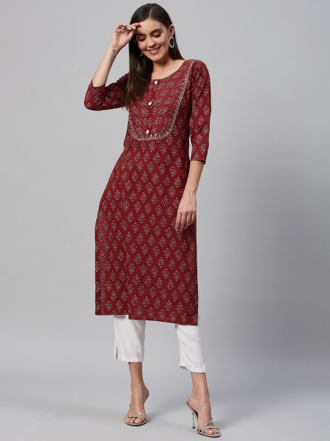 

HIGHLIGHT FASHION EXPORT Women Maroon Cotton Printed Kurta