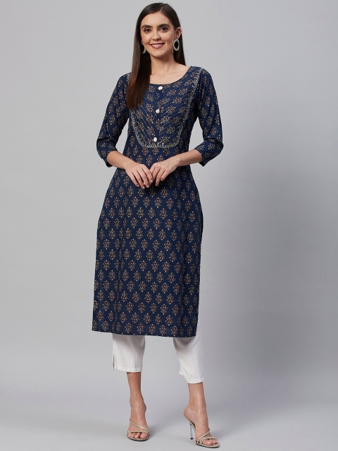 

HIGHLIGHT FASHION EXPORT Women Navy Blue Cotton Printed Kurta
