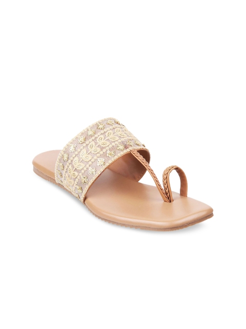 

WALKWAY Women Beige Embellished Leather Ethnic One Toe Flats