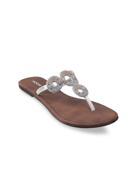 

Mochi Women Silver-Toned Embellished T-Strap Flats