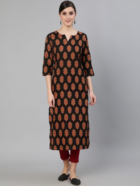

AASI - HOUSE OF NAYO Women Black Ethnic Motifs Printed Pure Cotton Kurta