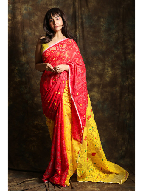 

Charukriti Red & Yellow Floral Silk Cotton Jamdani Saree