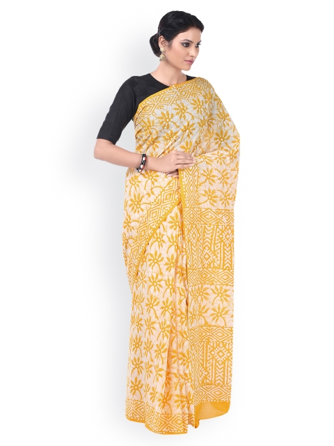 

Kalakari India Yellow Handmade Cotton Printed Traditional Handloom Sustainable Saree