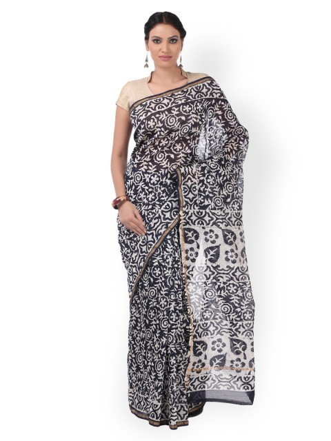 

Kalakari India Black Chanderi Silk Batik Hand Block Print Handcrafted Sustainable Saree