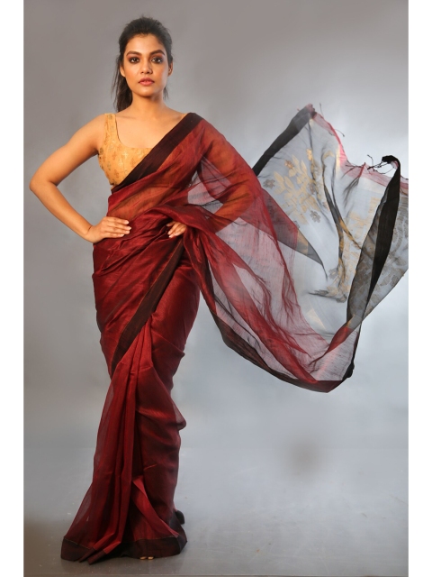 

Charukriti Maroon & Brown Linen Blend Saree