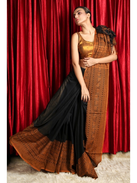 

Charukriti Black & Brown Floral Pure Cotton Saree