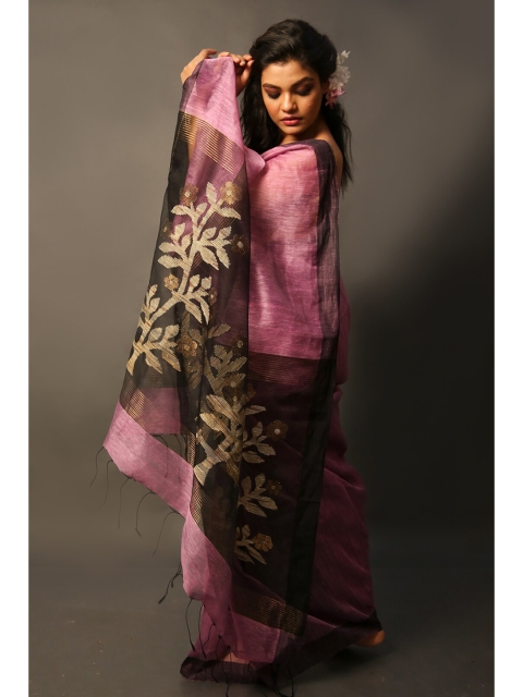 

Charukriti Mauve & Black Floral Linen Blend Saree