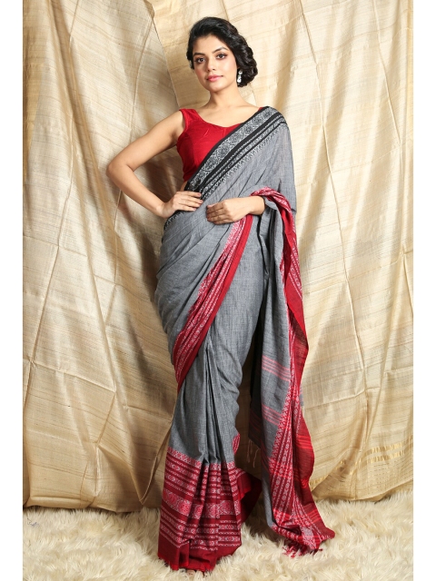 

Charukriti Grey & Red Woven Design Pure Cotton Saree