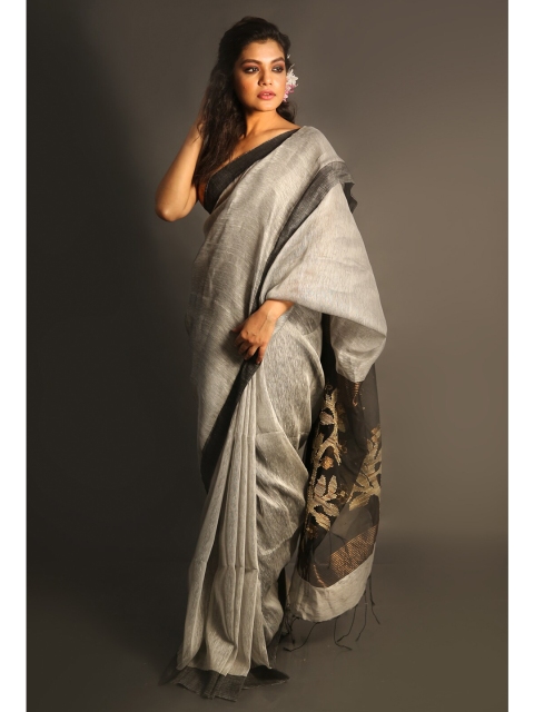 

Charukriti Silver-Toned & Black Woven Design Zari Linen Blend Saree