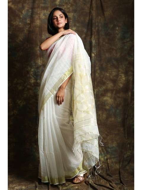 

Charukriti White & Gold-Toned Woven Design Pure Cotton Saree