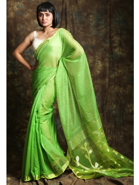 

Charukriti Fluorescent Green & Gold-Toned Woven Design Sequinned Pure Cotton Saree