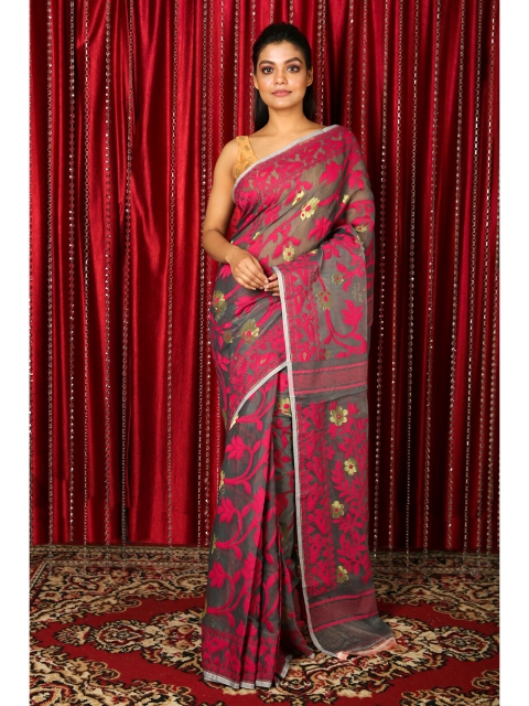 

Charukriti Women Grey & Magenta Floral Woven Design Jamdani Saree