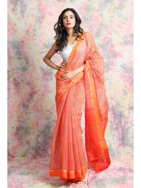 

Charukriti Orange & Gold-Toned Striped Zari Saree