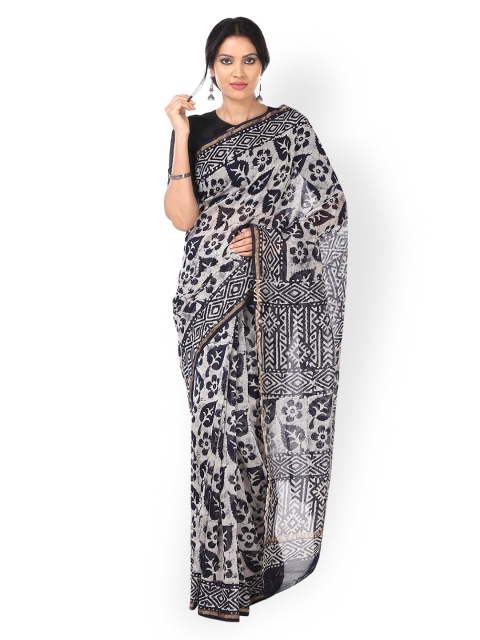 

Kalakari India Black & White Chanderi Silk Batik Block Print Handcrafted Saree