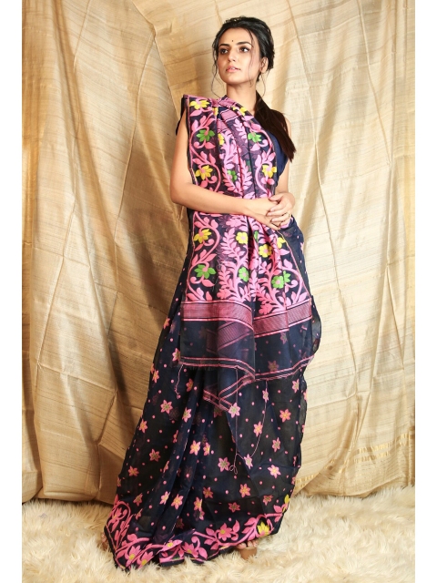 

Charukriti Blue & Pink Floral Silk Cotton Jamdani Saree