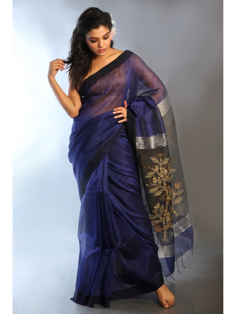 

Charukriti Blue & Gold-Toned Woven Design Pure Silk Saree