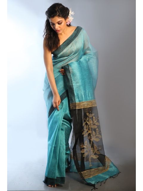 

Charukriti Blue & Black Woven Design Zari Linen Blend Saree