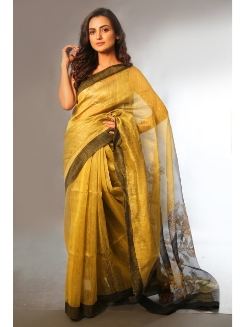 

Charukriti Mustard & Black Floral Weaving Pallu Linen Blend Saree