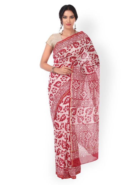 

Kalakari India Red Chanderi Silk Batik Hand Block Print Handcrafted Sustainable Saree