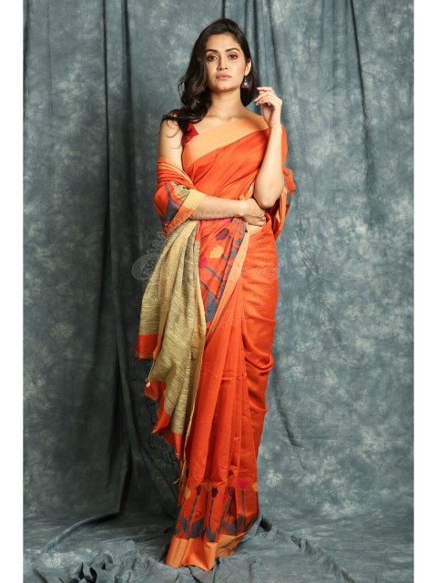 

Charukriti Orange & Beige Floral Zari Saree