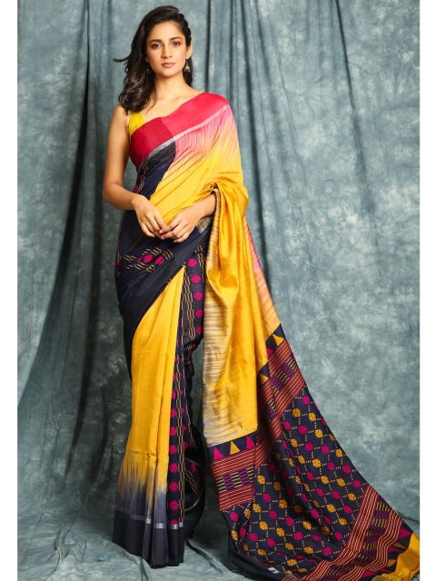 

Charukriti Yellow & Navy Blue Floral Zari Saree