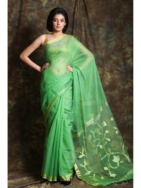 

Charukriti Green & Gold-Toned Woven Design Zari Pure Cotton Saree