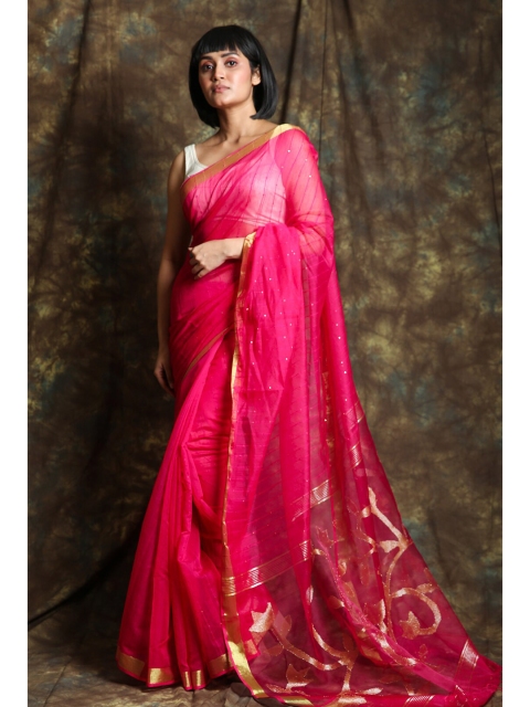 

Charukriti Pink & Gold-Toned Floral Zari Pure Cotton Saree