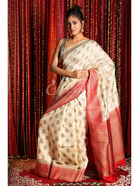 

Charukriti Off White & Red Woven Design Zari Silk Cotton Saree