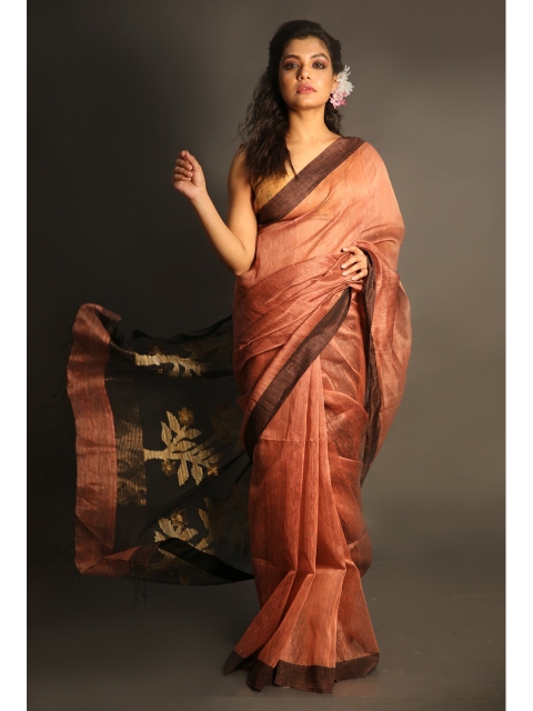 

Charukriti Peach-Coloured & Black Woven Design Zari Linen Blend Saree