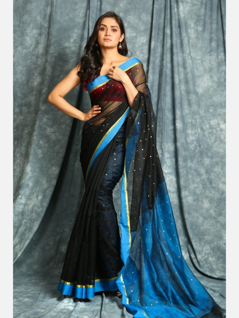 

Charukriti Black & Blue Woven Design Pure Cotton Saree