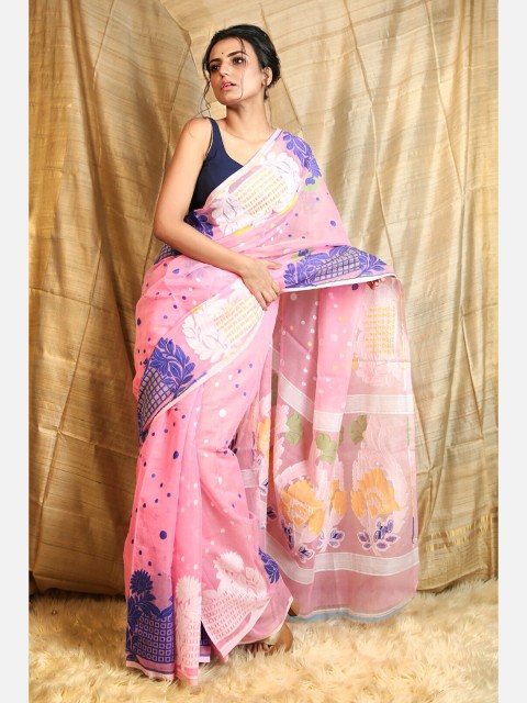 

Charukriti Pink & Blue Woven Design Silk Cotton Jamdani Saree