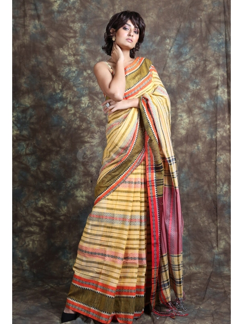 

Charukriti Yellow & Orange Striped Zari Saree